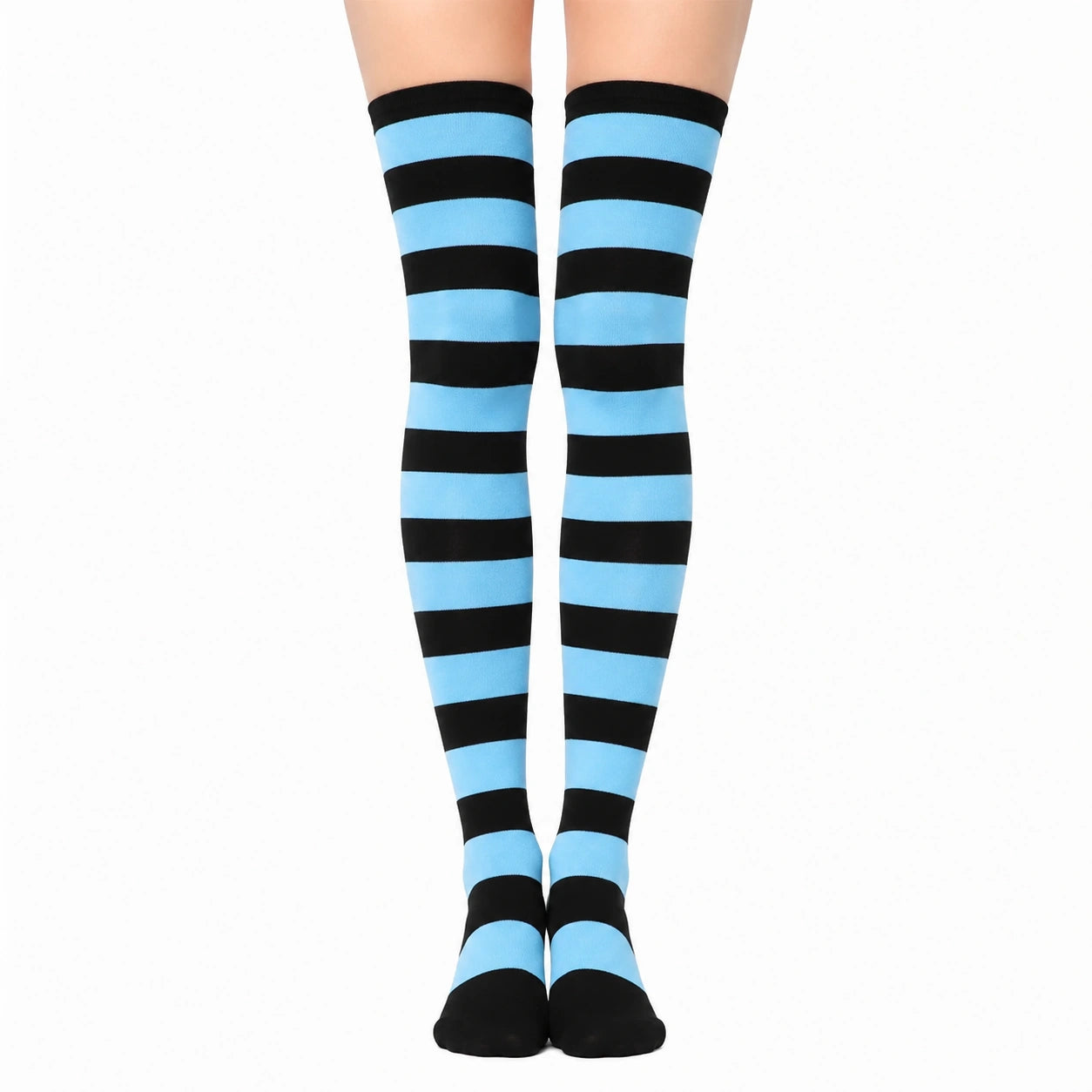 Chaussettes hautes 39-42 textile extensible bleu ciel noir rayées