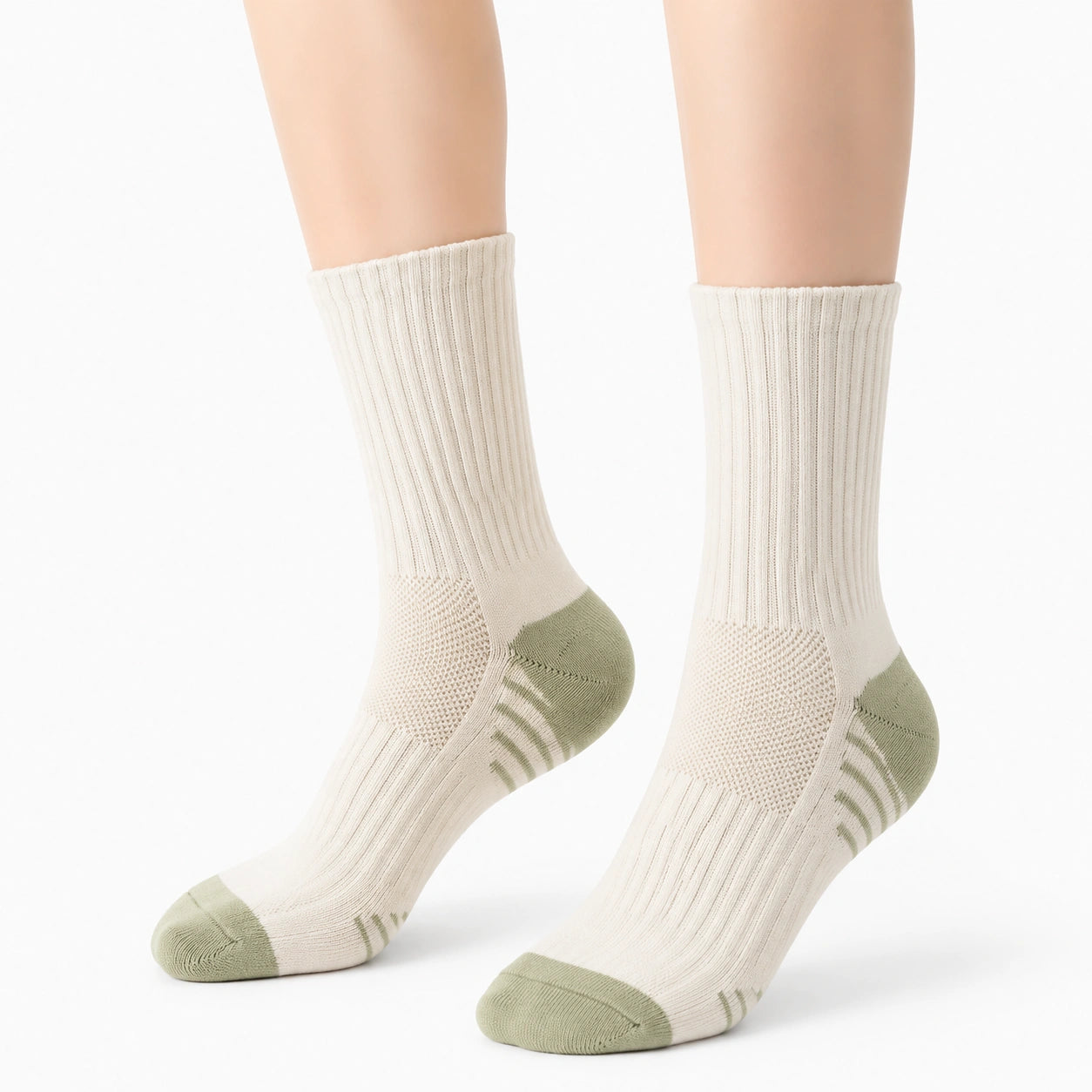 Chaussettes mi-mollet 35-38 en maille côtelée écru et vert sauge - respirantes et extensibles