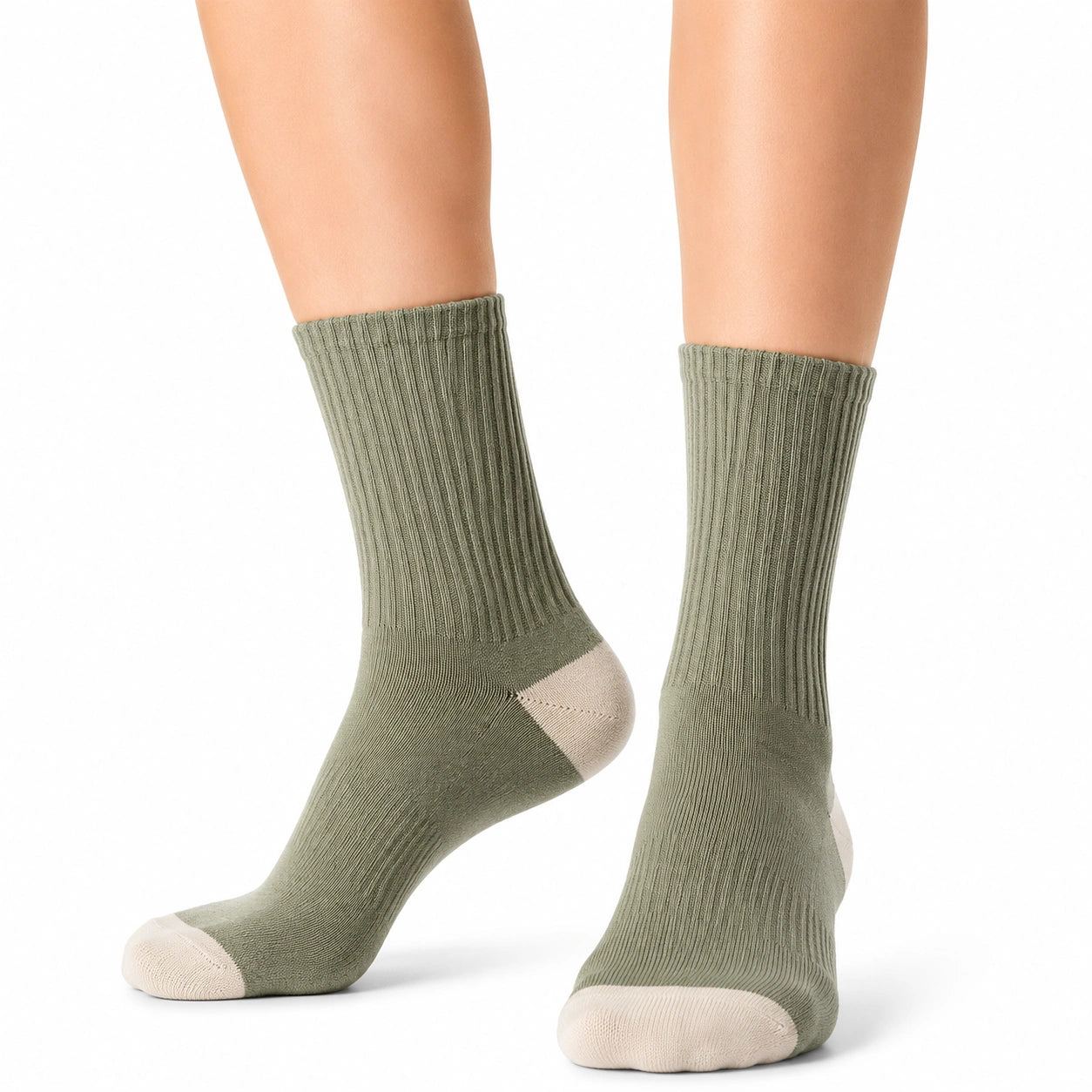 Chaussettes mi-mollet 35-38 en maille vert kaki et beige côtelées