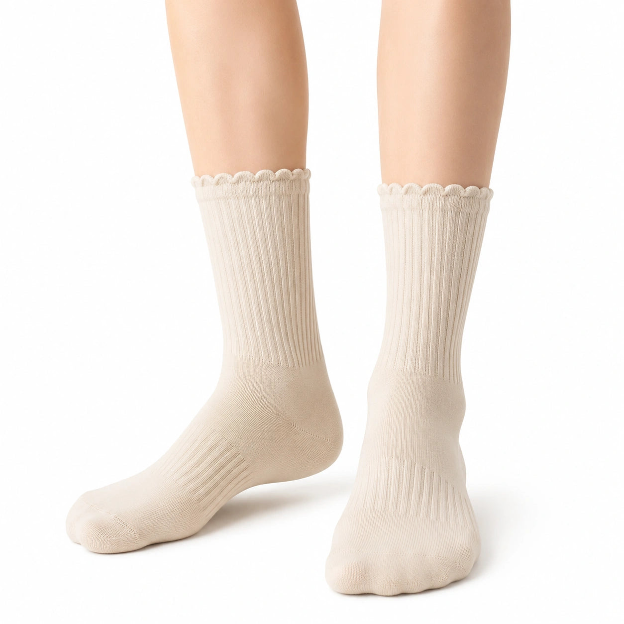 Chaussettes 39-42 en maille côtelée crème à bord festonné