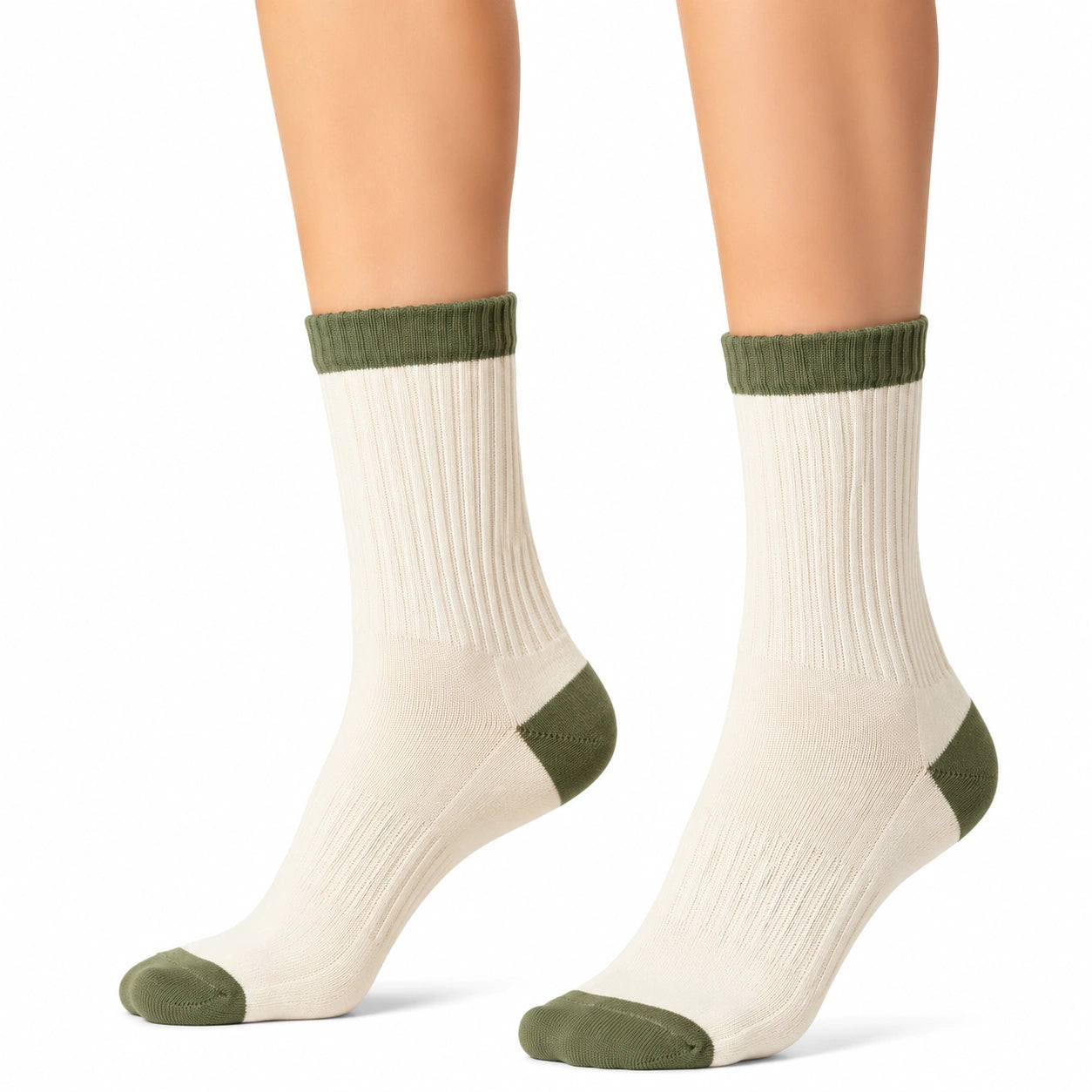 Chaussettes 39-42 en maille côtelée écru et vert kaki style décontracté