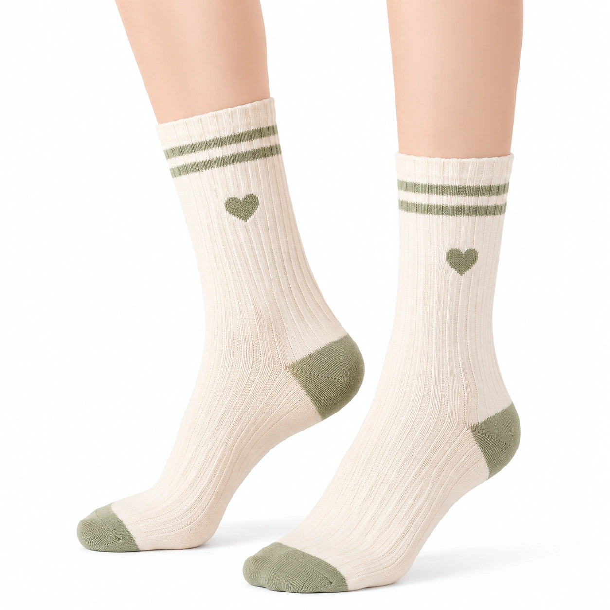 Chaussettes mi-mollet 43-46 en maille textile écru et vert style sportif