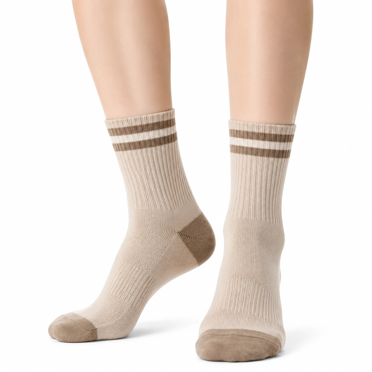 Chaussettes mi-mollet 43-46 en maille beige à rayures marron style sportif